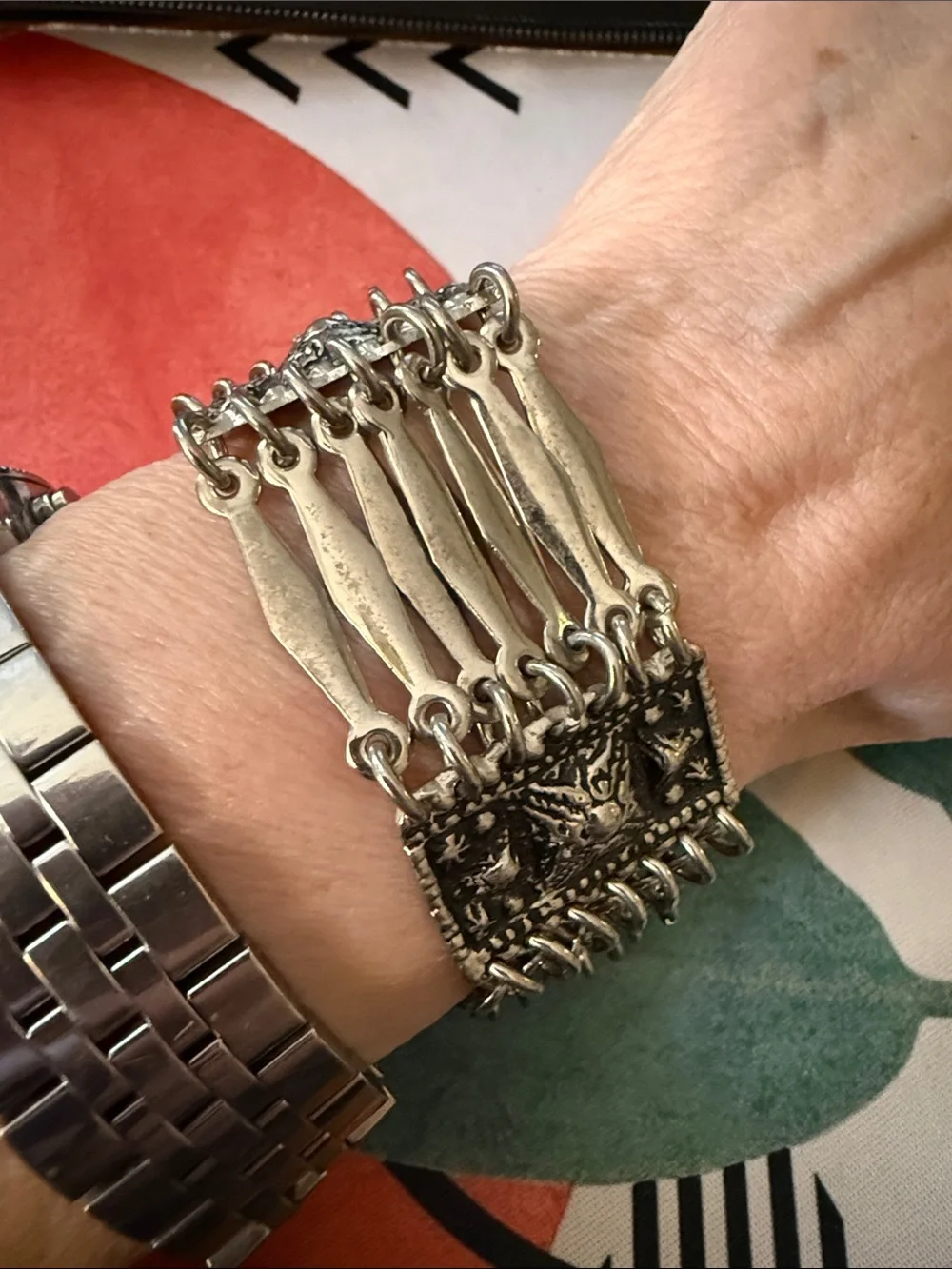Mexico Art Deco Wide Panel Link Bracelet Signed Bohemian